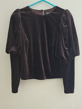 Anthropologie Velvet Puff-Sleeve Long Sleeve Top in Dark Brown